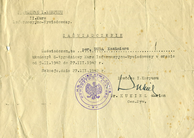 Certificat d'instruction d'information et service de renseignements du 05/02/1942 au 27/03/1942