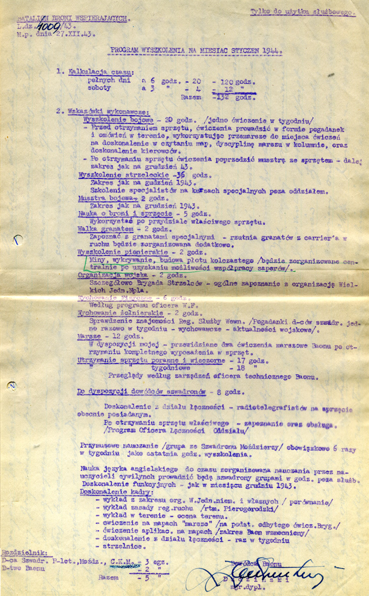Programme de formation du bataillon des armes de soutien - 27 décembre 1943