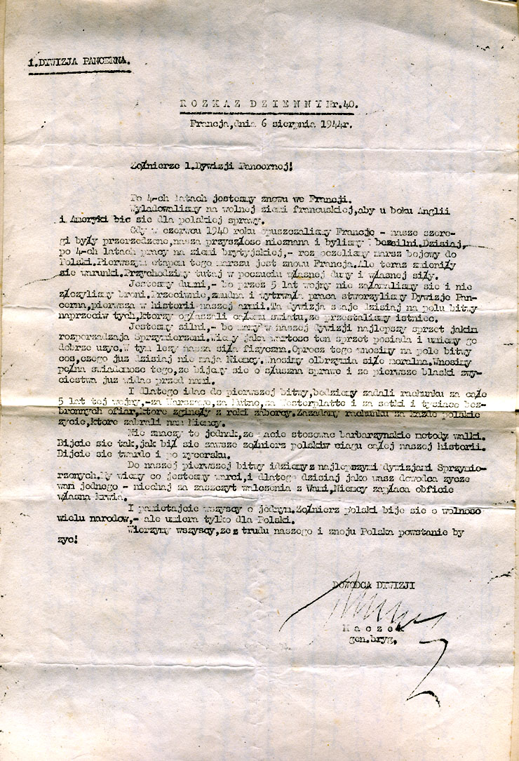 Lettre du Général Maczek à la Première Division Blindée Polonaise - 06 août 1944