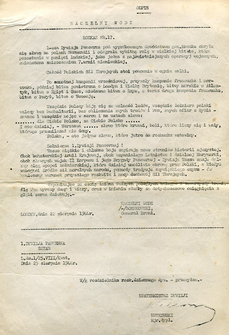 Ordre reçu du général Sosnkowski - 25/08/1944