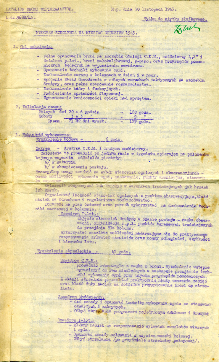 Programme de formation du Bataillon des Armes de Soutien - 30 novembre 1943 (page 1/3)