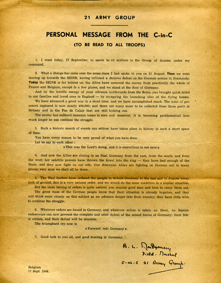 Lettre du général Montgomery (version anglaise) - 17 septembre 1944