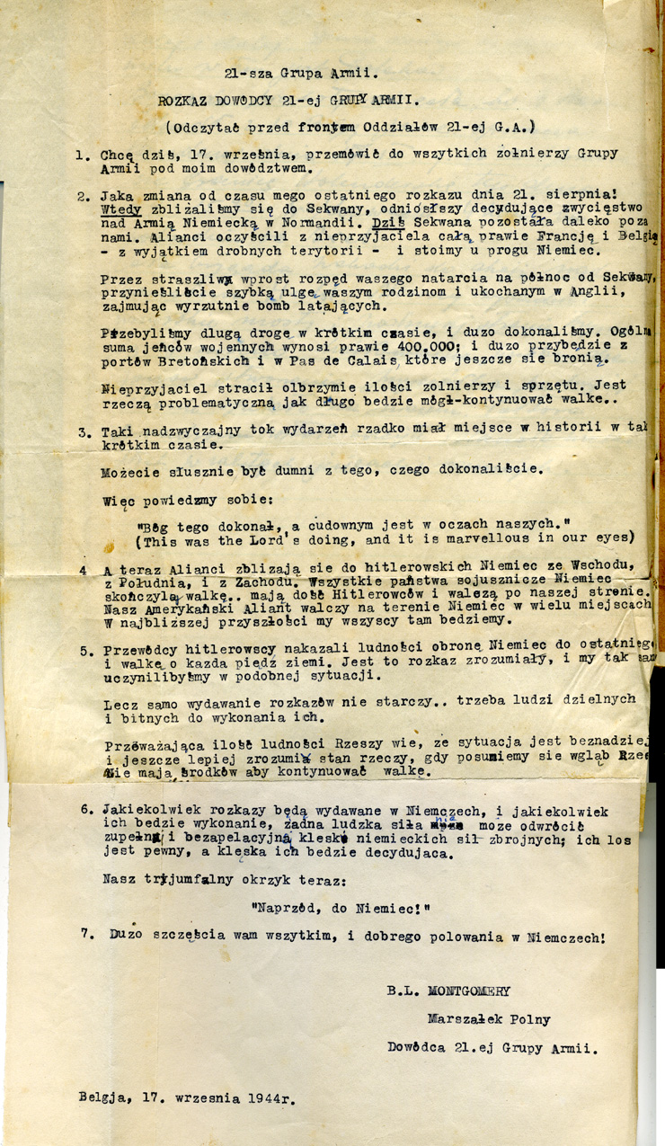 Lettre du général Montgomery (version polonaise)- 17 septembre 1944