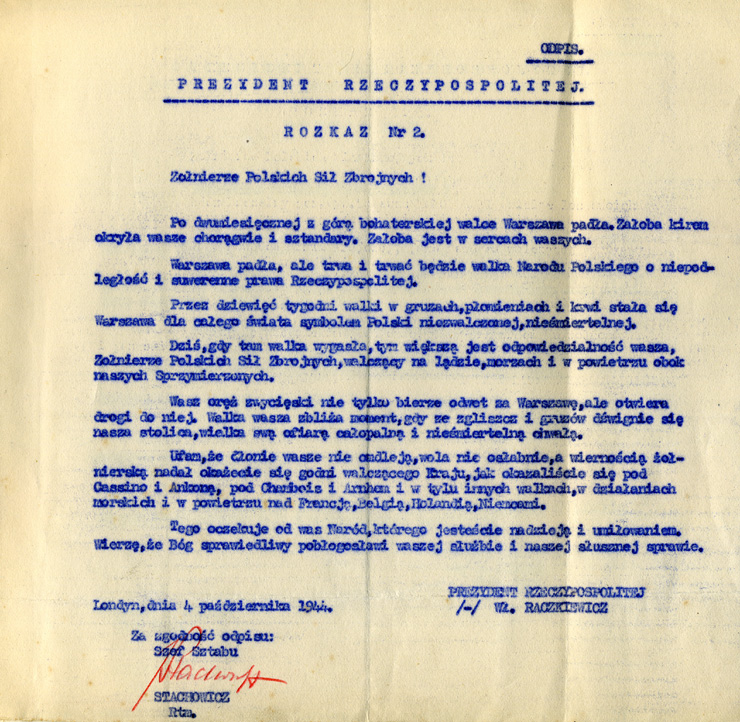 Lettre du Président de la République Polonaise - 4 octobre 1944