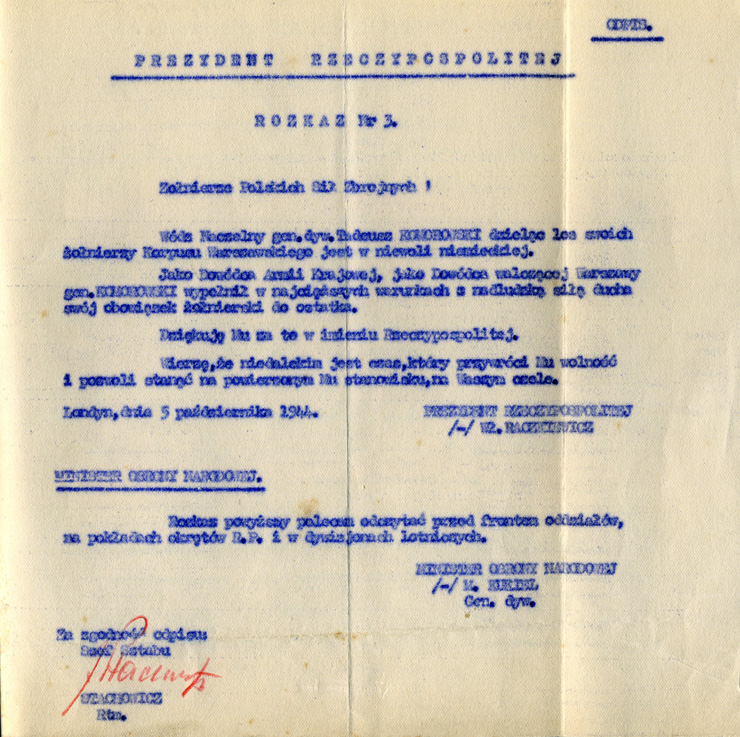 Lettre du Président de la République Polonaise - 5 octobre 1944