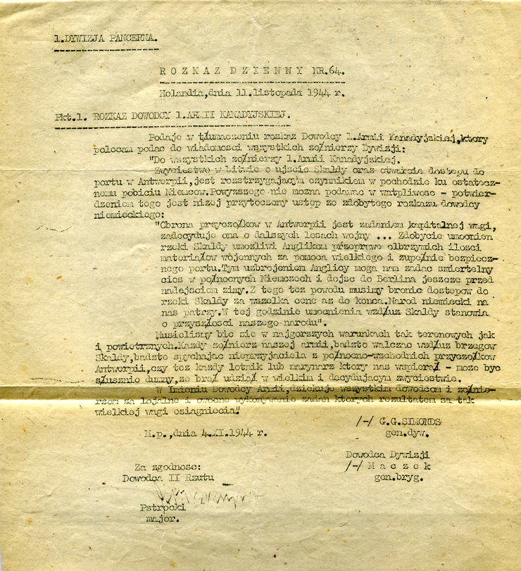 Lettre du Lieutenant Général Simonds - 1re Armée Canadienne (version polonaise) - 4 novembre 1944