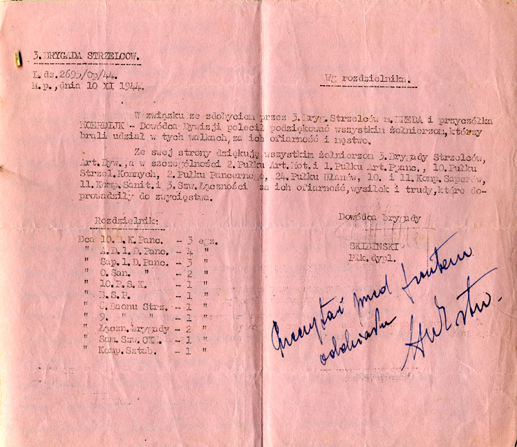 Message du Colonel Diplomé Skibinski suite aux opérations militaires Breda/Moerdijk - 10 novembre 1944